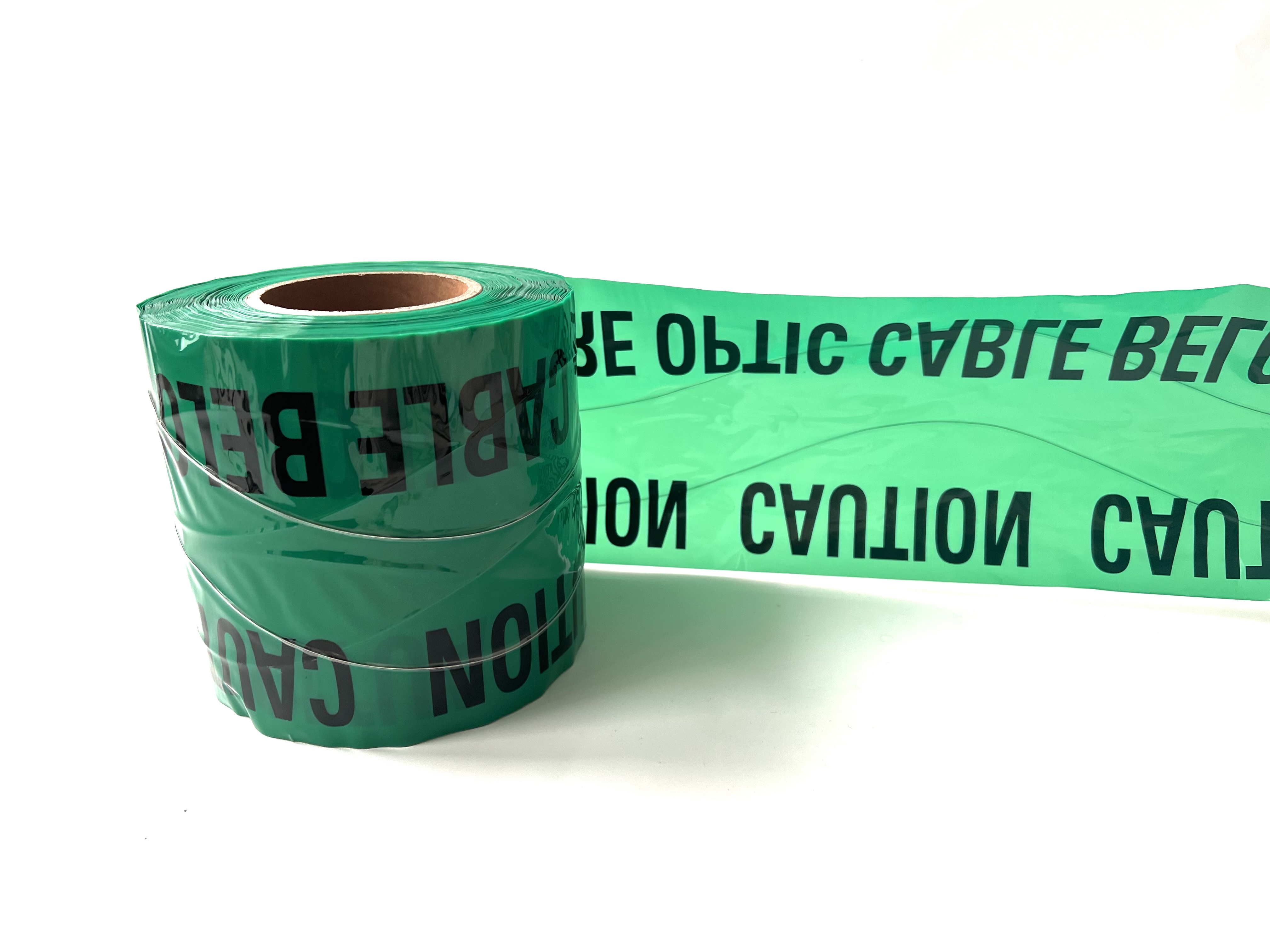 Underground Marker Tape Caution Fibre Optic Cable Below LDPE (Non Adhesive) Green (W)150mm (L)100Mtr (Roll) with Detectable Tracer Wire